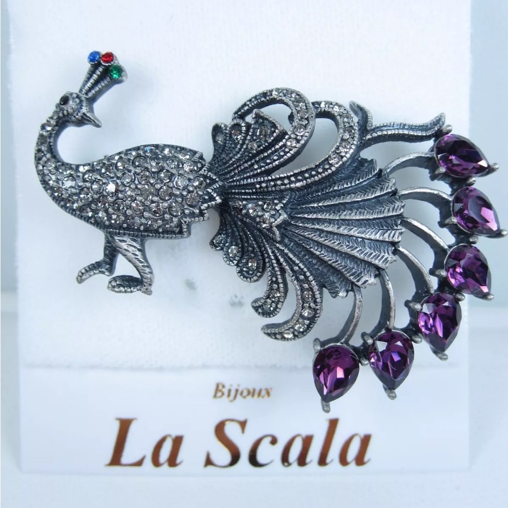 La Scala Antiqued Rhodium Plated Peacock Brooch with Swarovski Crystals
